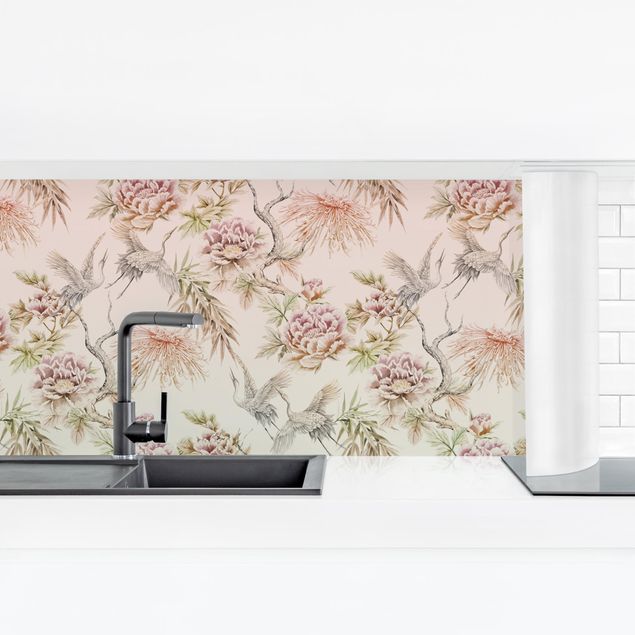 Küchenrückwand Muster Aquarell Vögel mit großen Blüten in Ombre