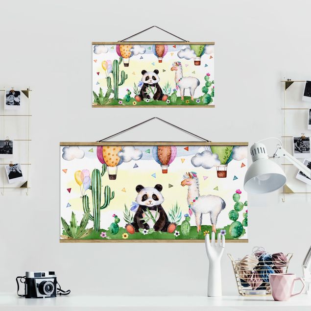 Stoffbild mit Posterleisten - Panda und Lama Aquarell - Querformat 2:1