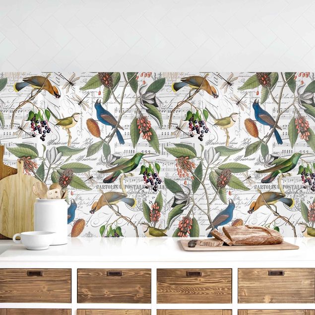 Küchenrückwände Platte Nostalgischer Beerenblues mit Paradiesvögeln