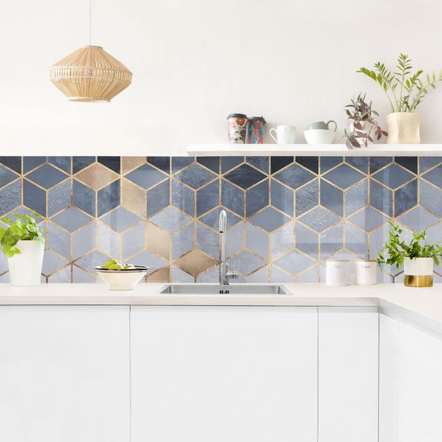 Küchenrückwände Platte Blau Weiß goldene Geometrie