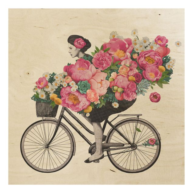 Holzbild - Illustration Frau auf Fahrrad Collage bunte Blumen - Quadrat 1:1