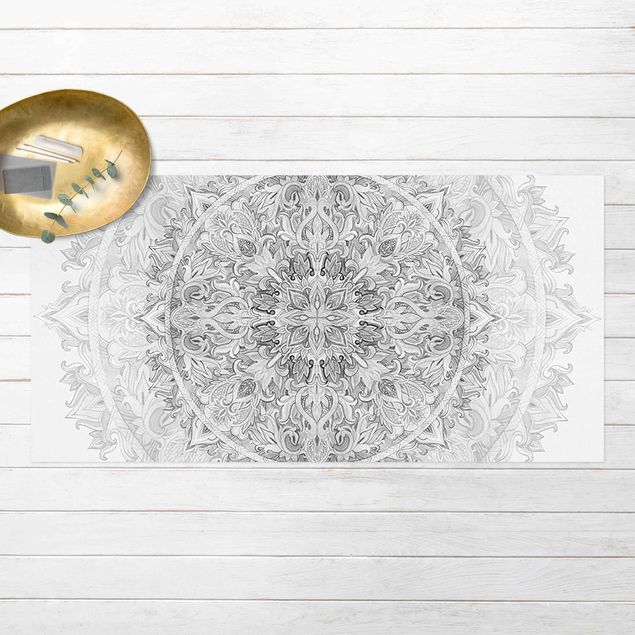 Vinyl-Teppich - Mandala Aquarell Ornament Muster schwarz weiß - Querformat 2:1