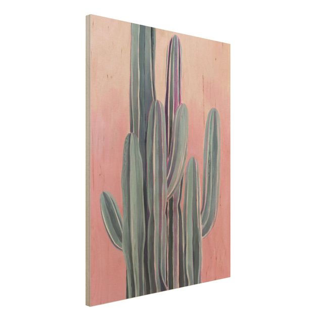 Holzbilder mit Blumen Kaktus auf Rosa II