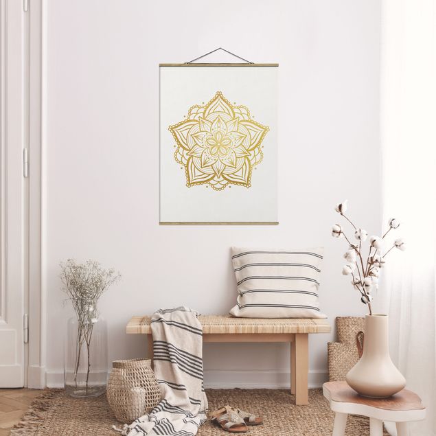 Stoffbild mit Posterleisten - Mandala Blüte Sonne Illustration Set Gold - Hochformat 3:4