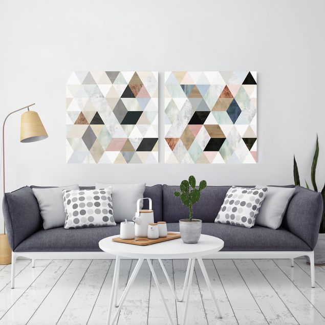 Leinwandbild Kunstdruck Aquarell-Mosaik mit Dreiecken Set I