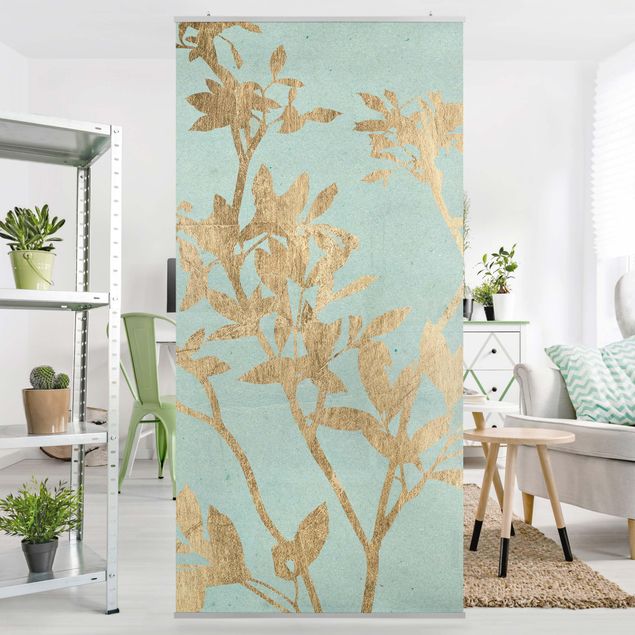 Raumteiler Vorhang Goldene Blätter auf Turquoise II
