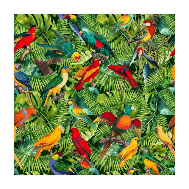 Teppich Blumen Bunte Collage - Papageien im Dschungel