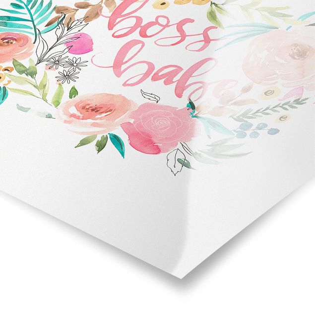 Poster - Rosa Blüten - Boss Babe - Quadrat 1:1