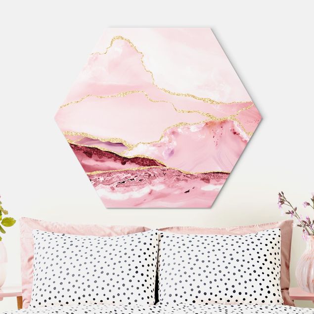 Wandbilder abstrakt Abstrakte Berge Rosa mit Goldenen Linien