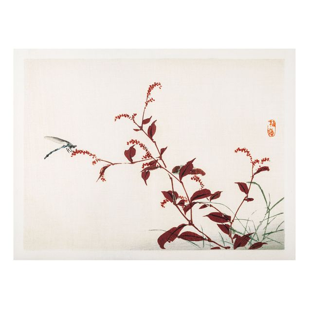 Bilder auf Hartschaumplatte Asiatische Vintage Zeichnung Roter Zweig mit Libelle
