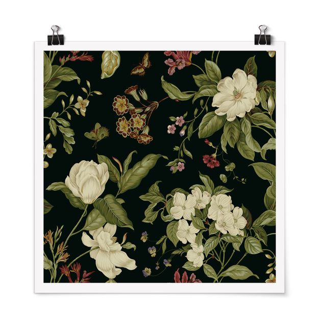Poster - Gartenblumen auf Schwarz I - Quadrat 1:1
