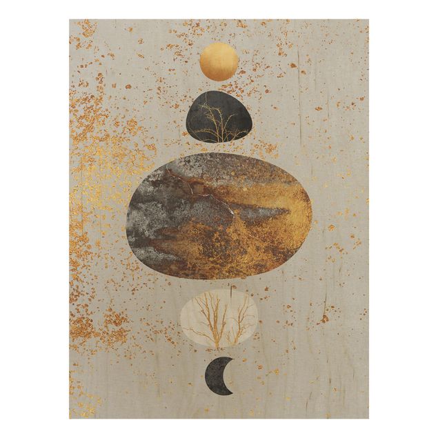 Holzbild - Sonne und Mond in Goldglanz - Hochformat 4:3