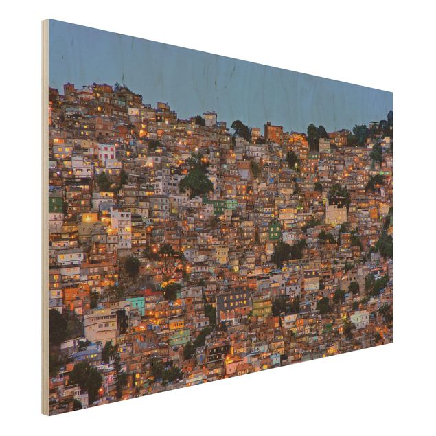 Holzbild Skyline Rio de Janeiro Favela Sonnenuntergang