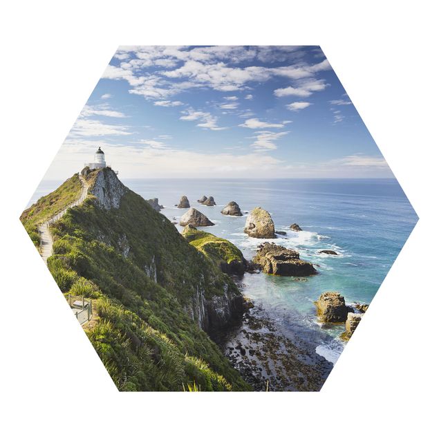 Hexagon Bild Alu-Dibond - Nugget Point Leuchtturm und Meer Neuseeland