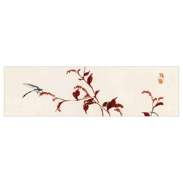 Küchenrückwand Rot Asiatische Vintage Zeichnung Roter Zweig mit Libelle