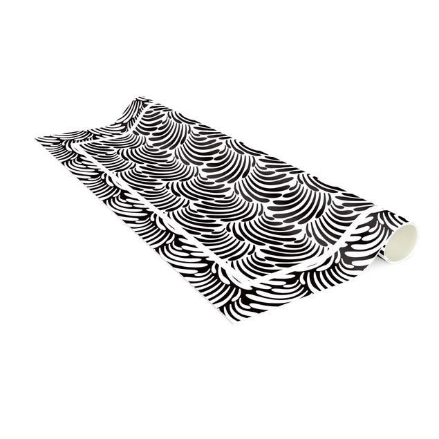 Teppich modern Quadratische Blätterornamente Schwarz Weiß mit Rahmen