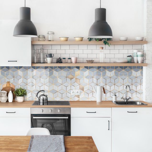 Küchenrückwände Platte Blau Weiß goldene Geometrie II