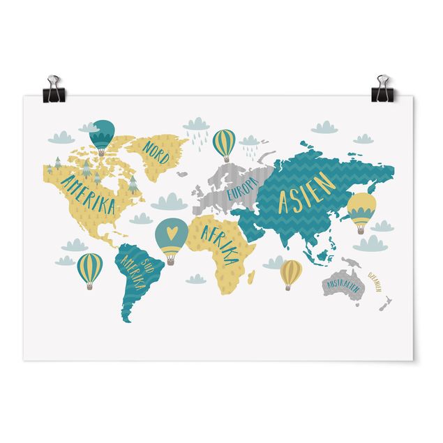 Poster Weltkarte mit Heißluftballon
