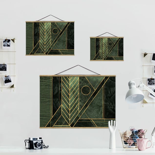 Stoffbild mit Posterleisten - Elisabeth Fredriksson - Geometrische Formen Smaragd Gold - Querformat 3:2