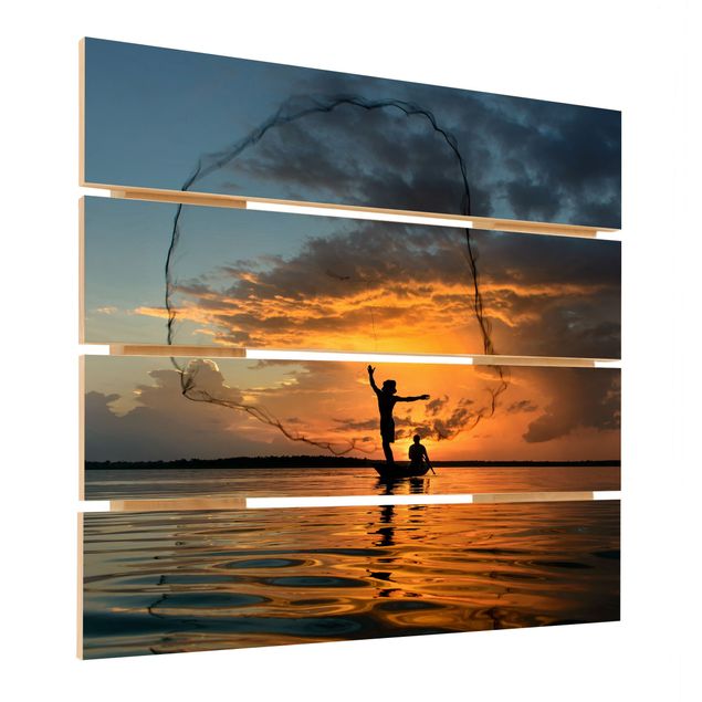 Holzbild - Netz im Sonnenuntergang - Quadrat 1:1