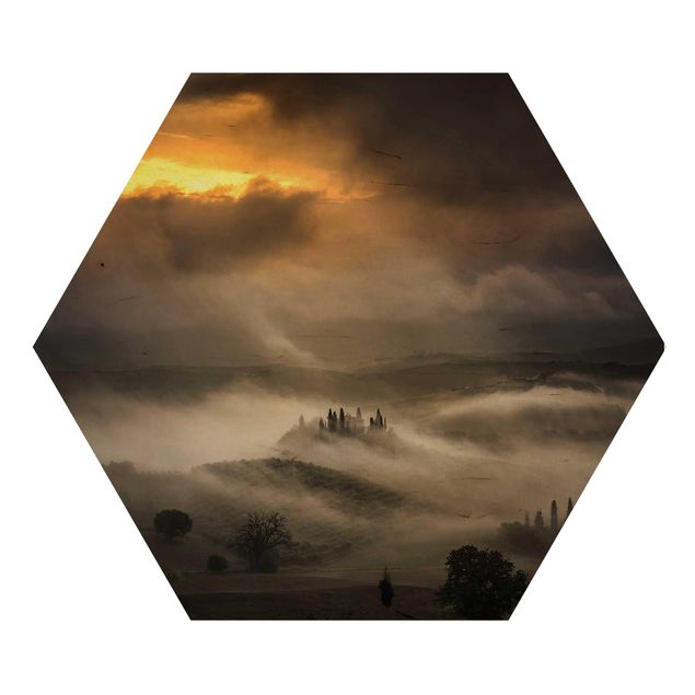 Hexagon Bild Holz - Nebelwellen