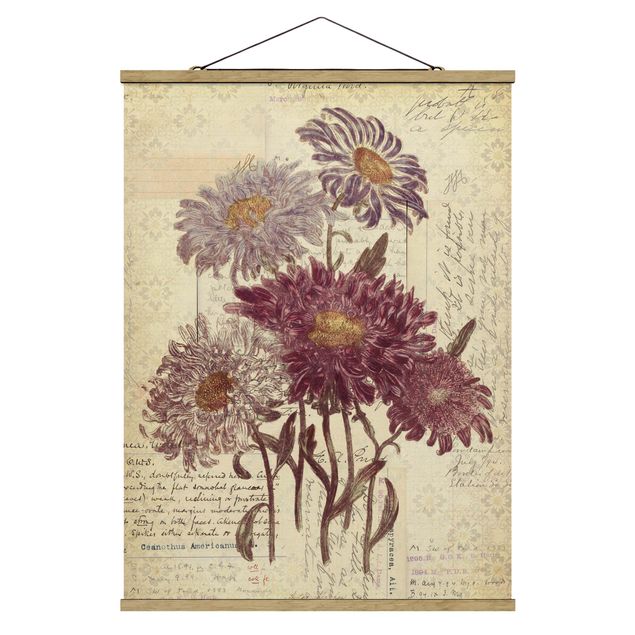 Stoffbild mit Posterleisten - Vintage Blumen mit Handschrift - Hochformat 3:4