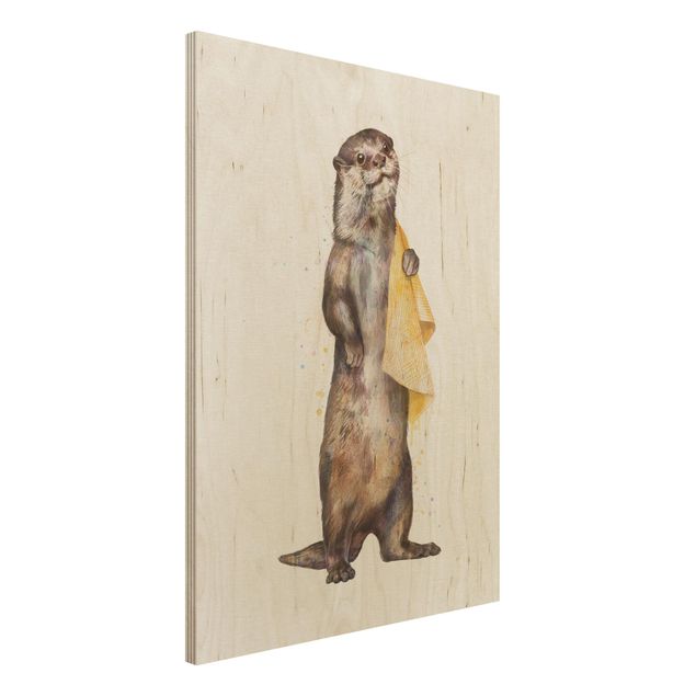 Holzbilder modern Illustration Otter mit Handtuch Malerei Weiß