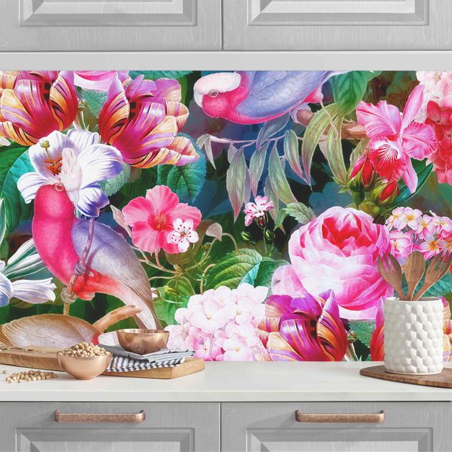 Küchenrückwände Platte Bunte Tropische Blumen mit Vögeln Pink II
