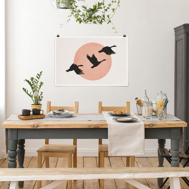 Poster Landschaft Vögel vor rosa Sonne III