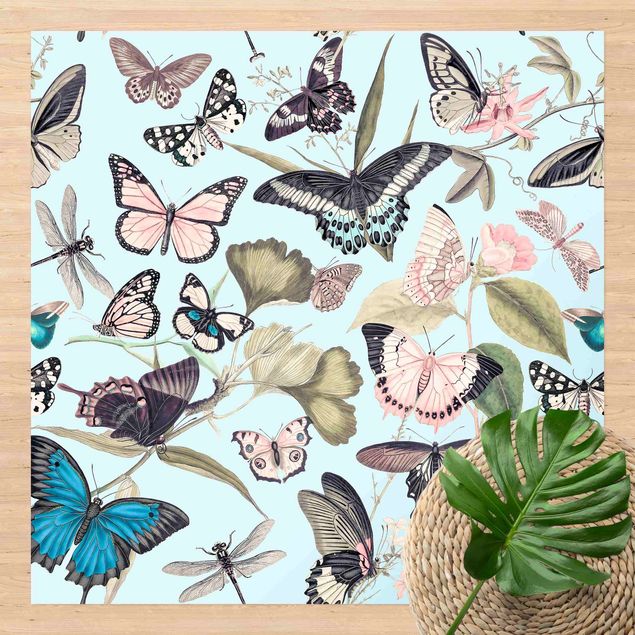 Aussen Teppich Vintage Collage - Schmetterlinge und Libellen