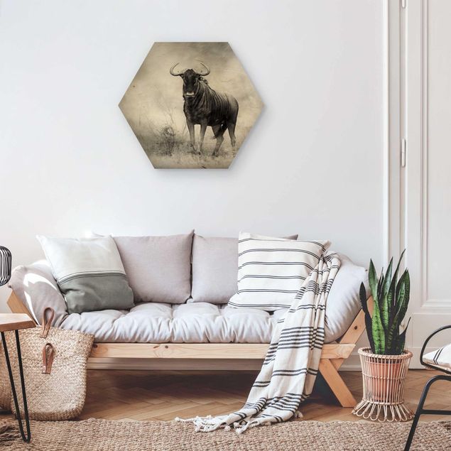 Wandbild Holz Staring Wildebeest
