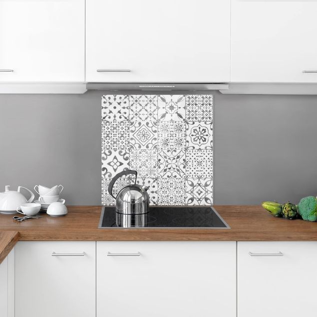 Küchenrückwand Glas Fliesenoptik Musterfliesen Grau Weiß