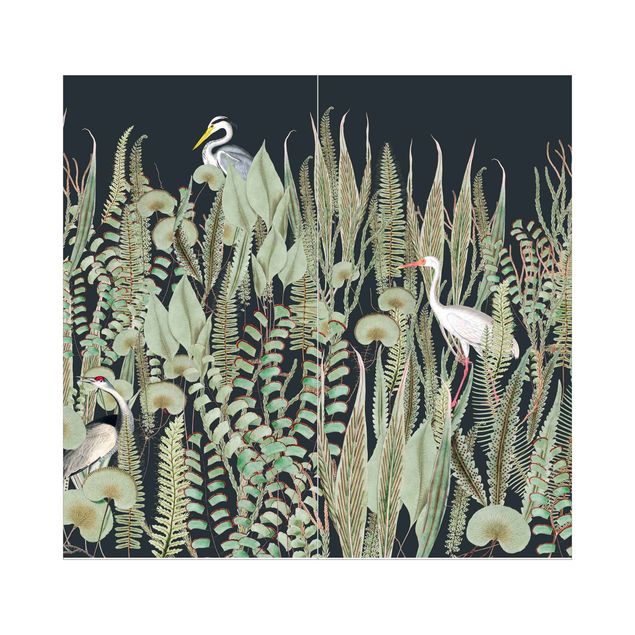 Duschrückwand - Flamingo und Storch mit Pflanzen auf Grün