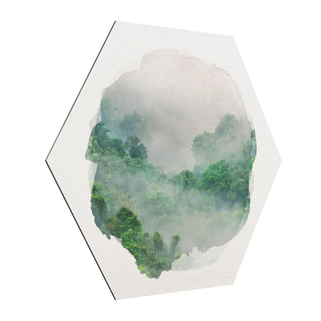 Hexagon Bild Alu-Dibond - Wasserfarben - Dschungel im Nebel