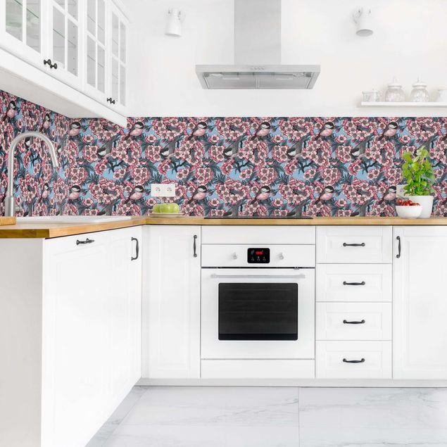 Küchenrückwand Muster Kirschblüten und Vögel
