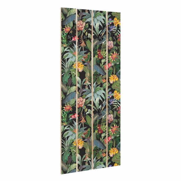 Wandgarderobe Holz - Vögel mit Tropischen Blumen - Haken chrom Hochformat