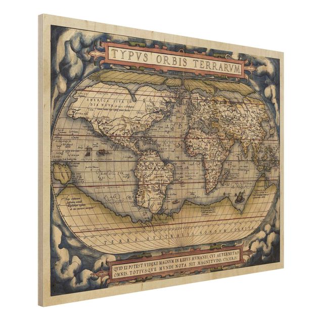 Holzbilder Vintage Historische Weltkarte Typus Orbis Terrarum