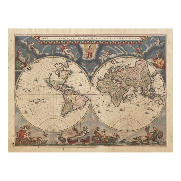 Moderne Holzbilder Historische Weltkarte Nova et Accuratissima von 1664