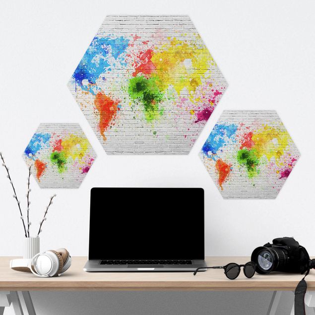 Hexagon Bild Forex - Weiße Backsteinwand Weltkarte