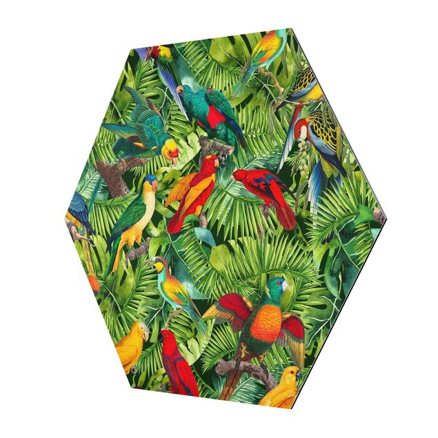 Hexagon Bild Alu-Dibond - Bunte Collage - Papageien im Dschungel