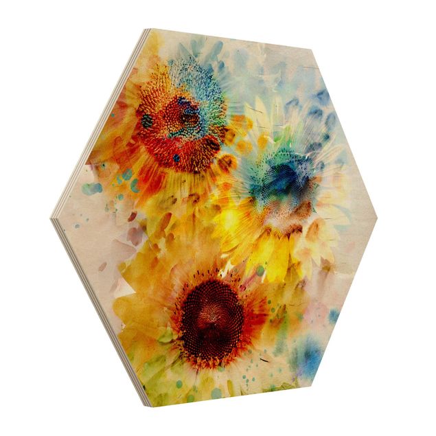 Hexagon Bild Holz - Aquarell Blumen Sonnenblumen