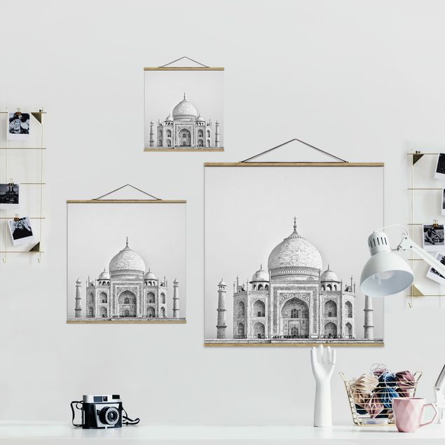 Stoffbild mit Posterleisten - Taj Mahal in Grau - Quadrat 1:1