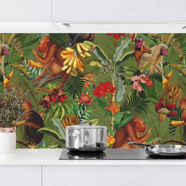 Küchenrückwände Platte Tropische Blumen mit Affen II