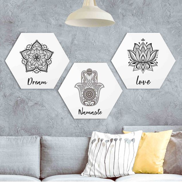 Schöne Wandbilder Mandala Namaste Lotus Set Schwarz Weiß