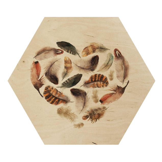Hexagon Bild Holz - Herz aus Federn