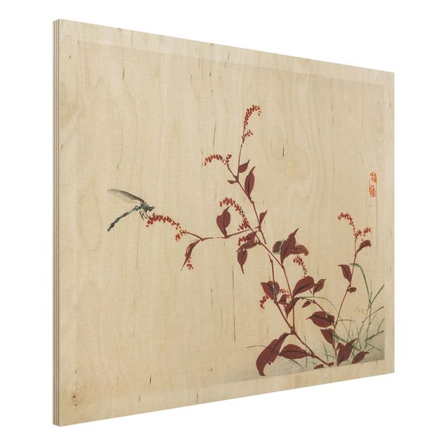 Wandbild Holz Vintage Asiatische Vintage Zeichnung Roter Zweig mit Libelle