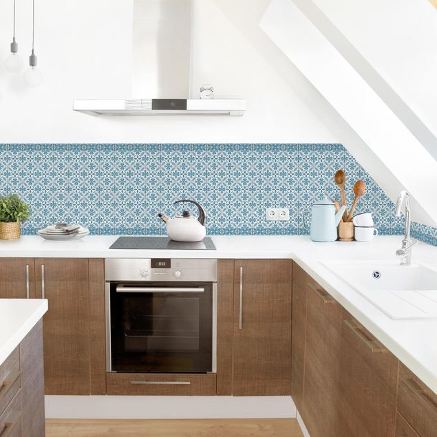 Küchenrückwand Muster Geometrischer Fliesenmix Blüte Blaugrau
