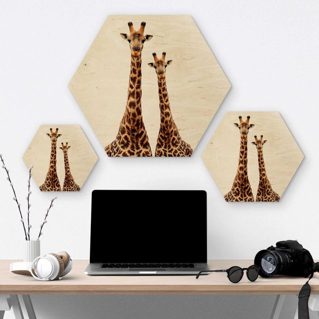 Hexagon Bild Holz - Portait Zweier Giraffen