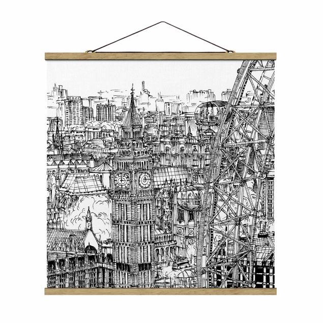 Stoffbild mit Posterleisten - Stadtstudie - London Eye - Quadrat 1:1