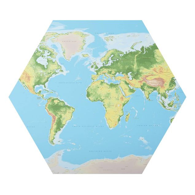 Hexagon Bild Alu-Dibond - Physische Weltkarte